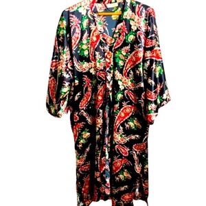 Victoria's Secret Robe Women OS Black Red Paisley Floral Satin Kimono Loungewear